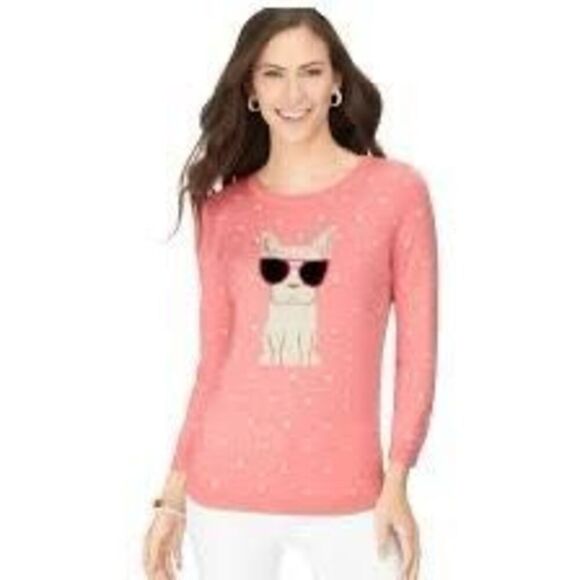 Talbots Plus Dog Frenchie Print Sweater Sz 1X Embroidered Polka Dots - Picture 1 of 8